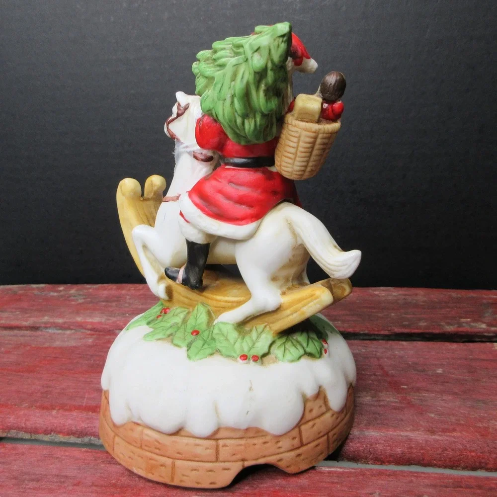 Vtg Enesco Santa Claus on Rocking Horse Music Box 